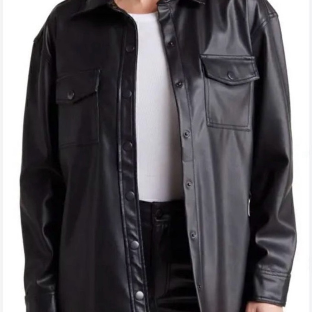Kensie Black Faux Leather Shirt Jacket Sz L